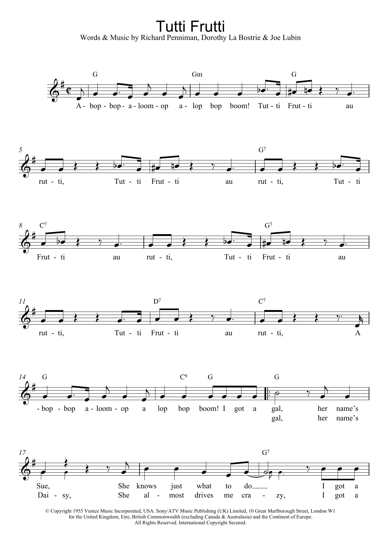 Chuck Berry Tutti Frutti sheet music notes and chords arranged for Lead Sheet / Fake Book