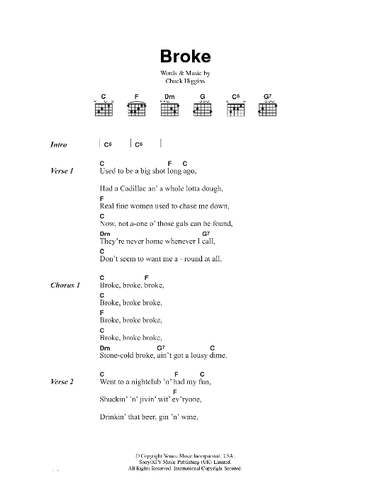 Chuck Higgins Broke sheet music notes and chords arranged for Piano, Vocal & Guitar Chords