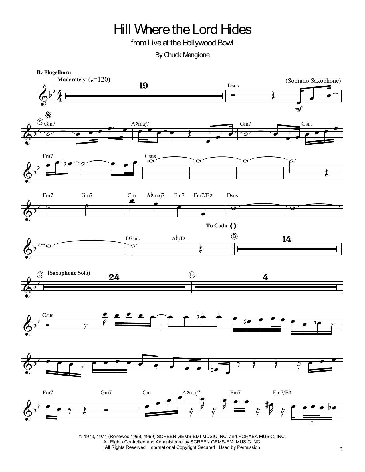 Chuck Mangione Hill Where The Lord Hides sheet music notes and chords arranged for Trumpet Transcription