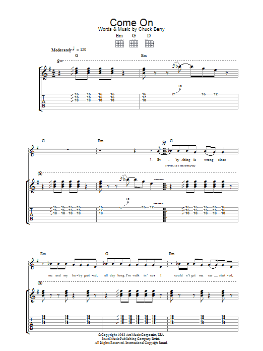 Chuck Berry Come On sheet music notes and chords. Download Printable PDF.
