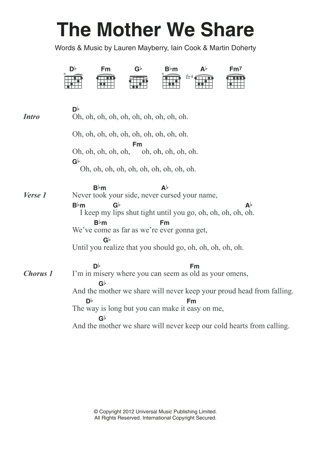 Chvrches The Mother We Share sheet music notes and chords arranged for Guitar Chords/Lyrics