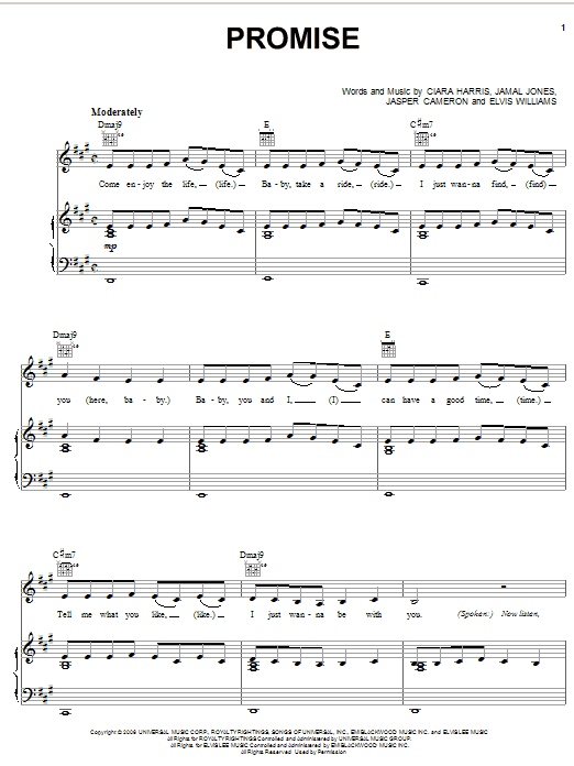 Ciara Promise sheet music notes and chords arranged for Piano, Vocal & Guitar Chords (Right-Hand Melody)