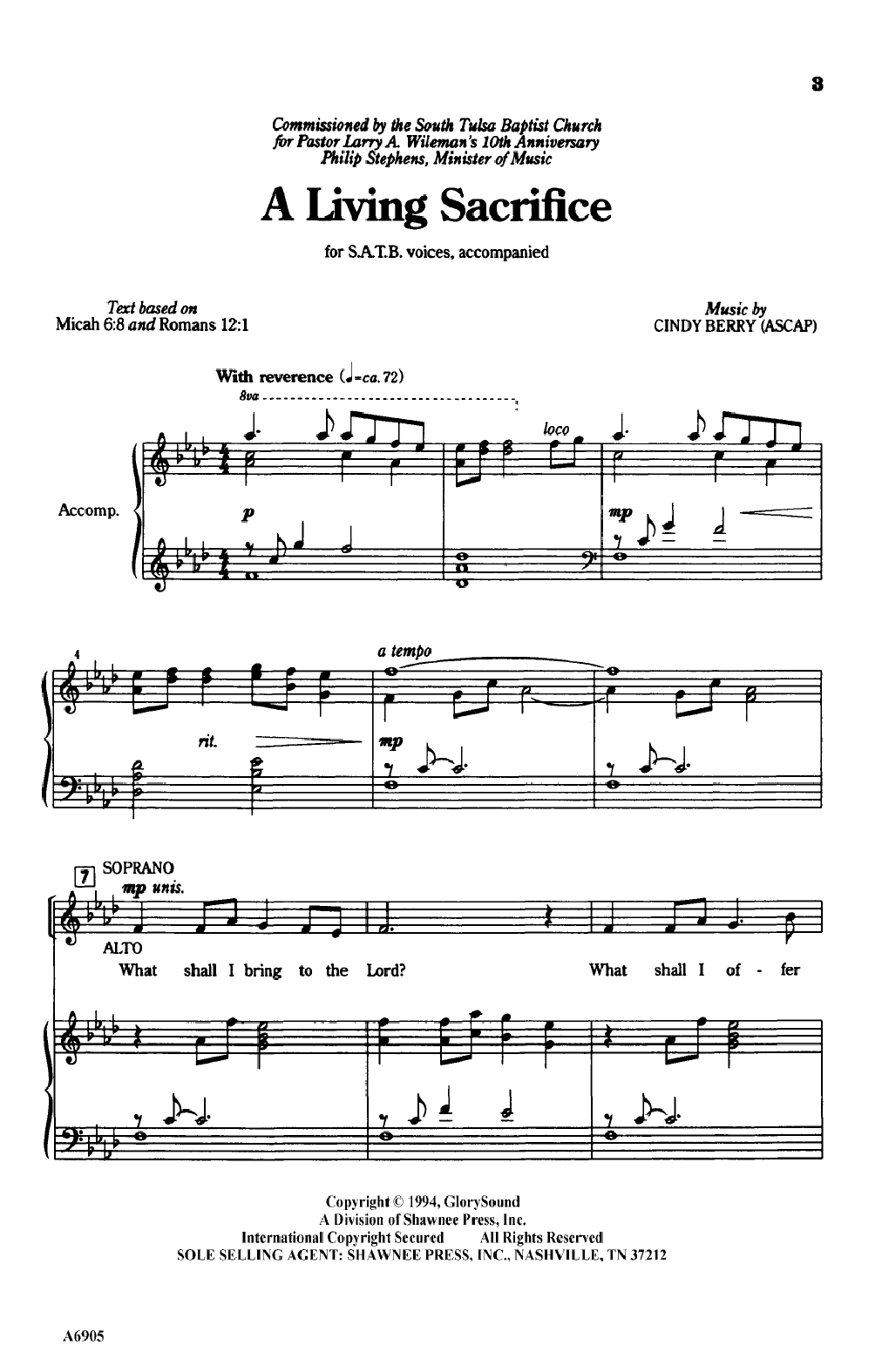 Cindy Berry A Living Sacrifice sheet music notes and chords arranged for SATB Choir