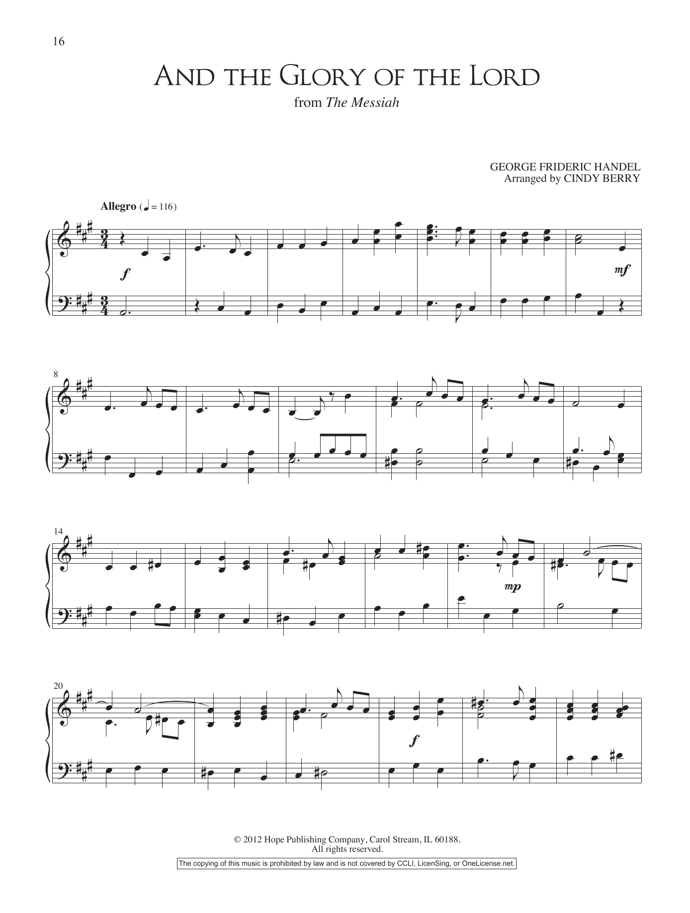 Cindy Berry And the Glory of the Lord sheet music notes and chords arranged for Piano Solo