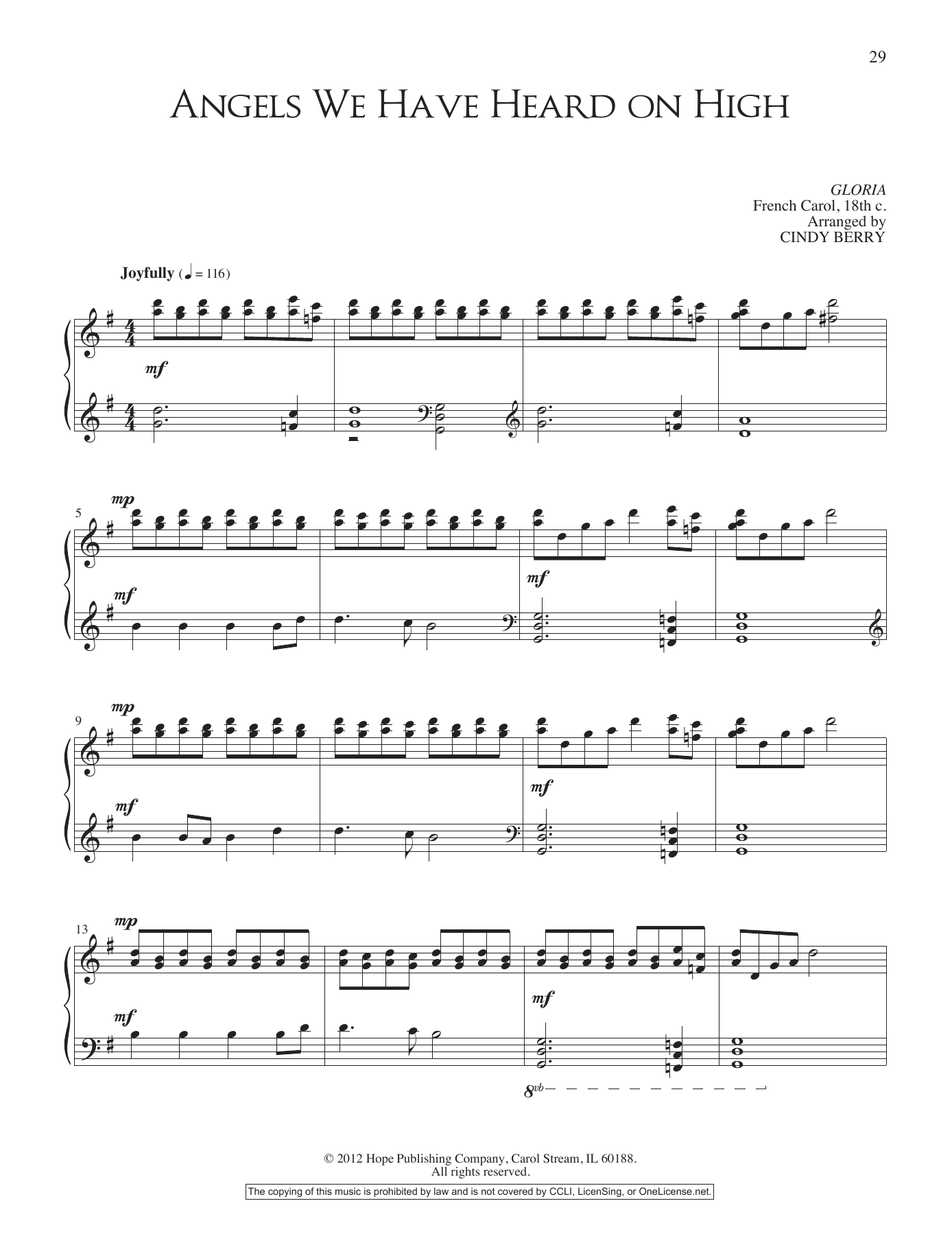 Cindy Berry Angels We Have Heard on High sheet music notes and chords arranged for Piano Solo