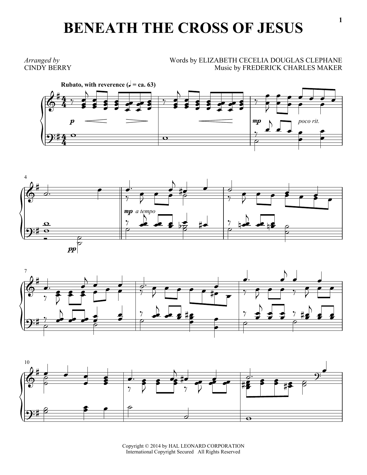Cindy Berry Beneath The Cross Of Jesus sheet music notes and chords arranged for Piano Solo