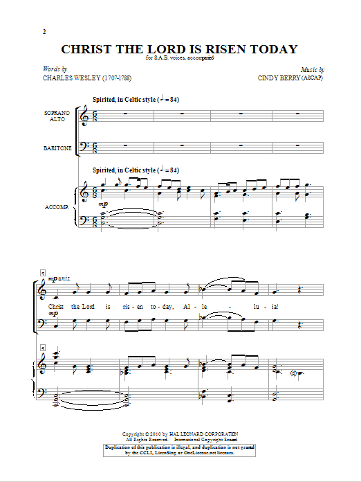 Cindy Berry Christ The Lord Is Risen Today sheet music notes and chords arranged for SAB Choir