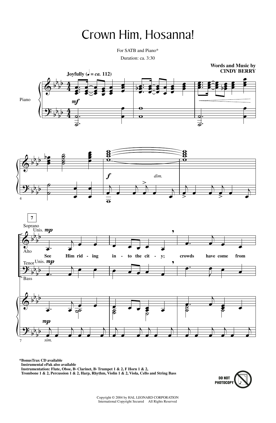 Cindy Berry Crown Him Hosanna sheet music notes and chords arranged for SATB Choir