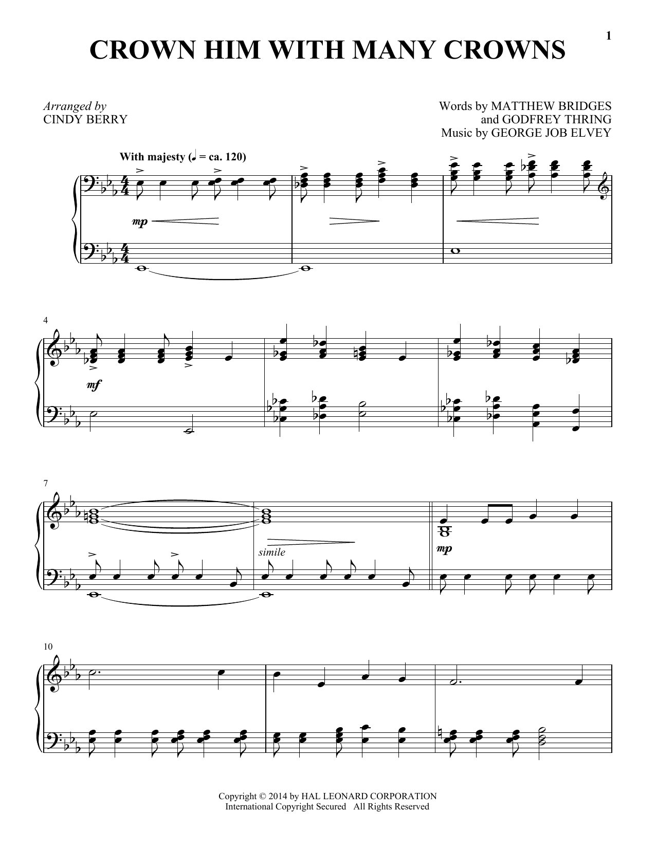 Cindy Berry Crown Him With Many Crowns sheet music notes and chords arranged for Piano Solo
