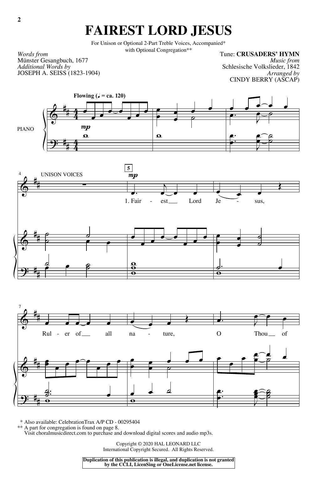 Cindy Berry Fairest Lord Jesus sheet music notes and chords arranged for Unison Choir