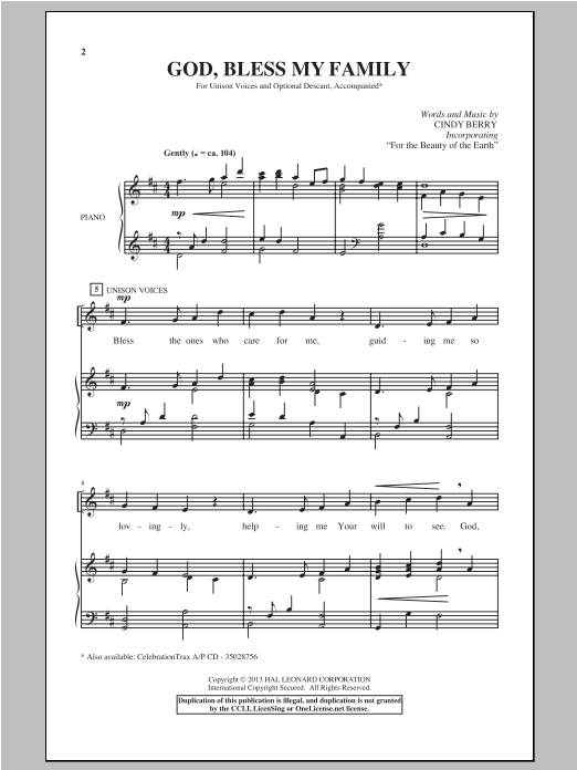 Cindy Berry God Bless My Family sheet music notes and chords arranged for Unison Choir