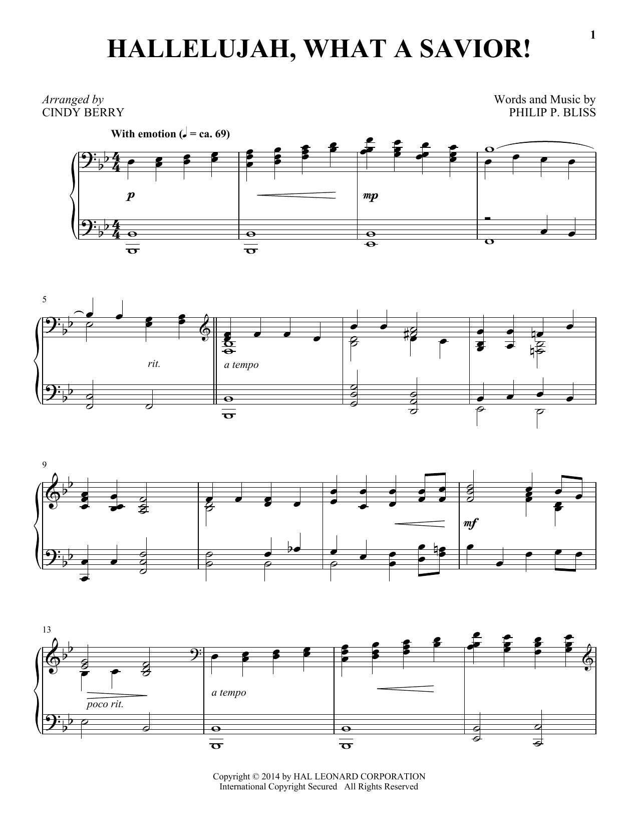 Cindy Berry Hallelujah, What A Savior! sheet music notes and chords arranged for Piano Solo