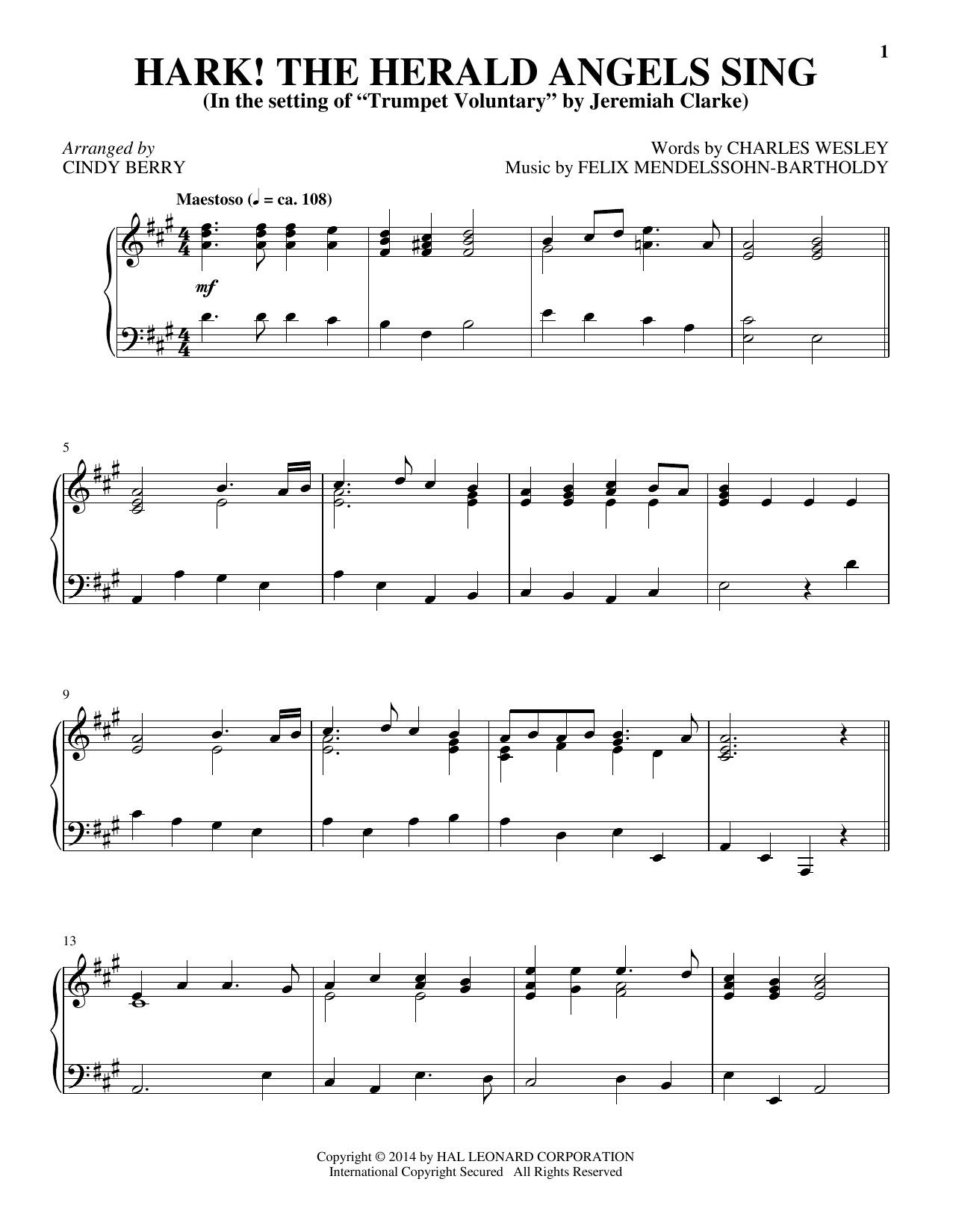 Cindy Berry Hark! The Herald Angels Sing sheet music notes and chords arranged for Piano Solo