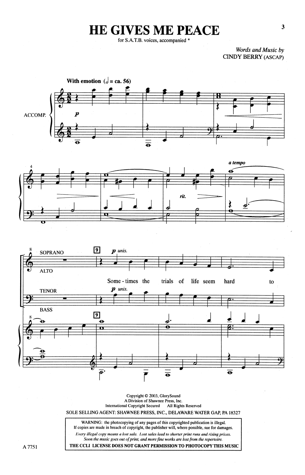 Cindy Berry He Gives Me Peace sheet music notes and chords arranged for SATB Choir