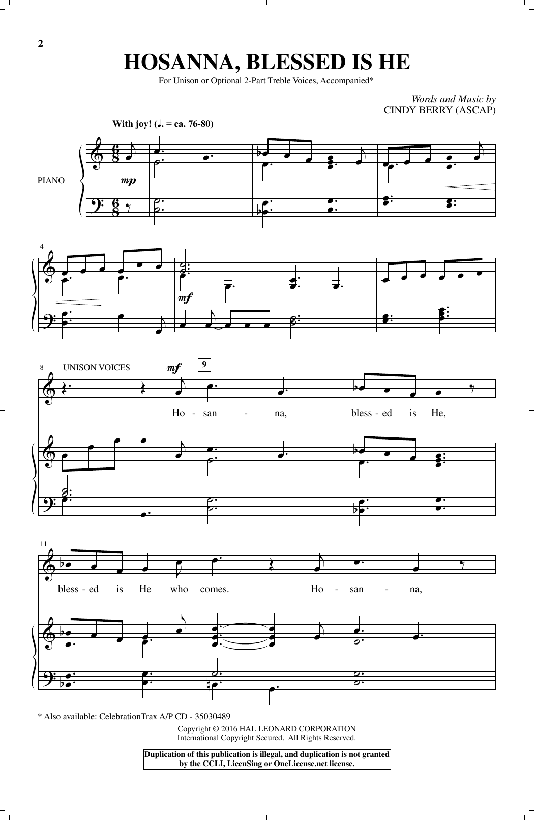 Cindy Berry Hosanna, Blessed Is He sheet music notes and chords arranged for 2-Part Choir
