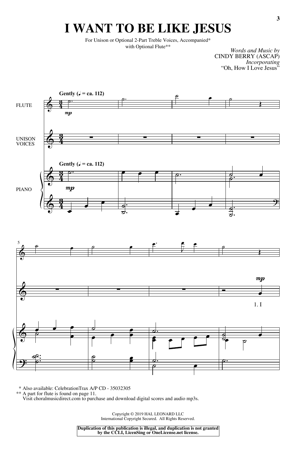 Cindy Berry I Want To Be Like Jesus sheet music notes and chords arranged for Unison Choir