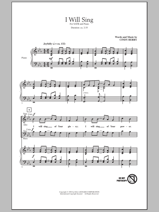 Cindy Berry I Will Sing sheet music notes and chords arranged for SATB Choir