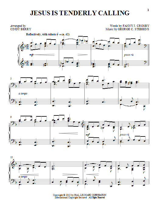 Cindy Berry Jesus Is Tenderly Calling sheet music notes and chords arranged for Piano Solo