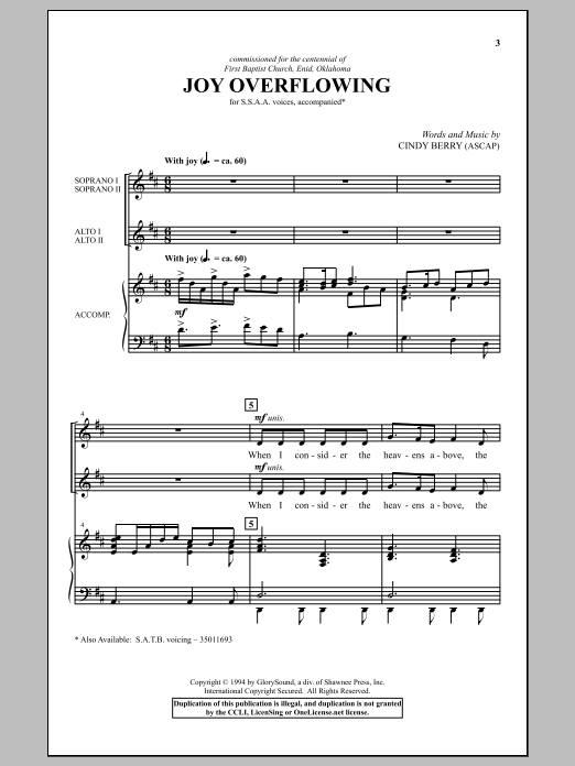 Cindy Berry Joy Overflowing sheet music notes and chords arranged for SSAA Choir