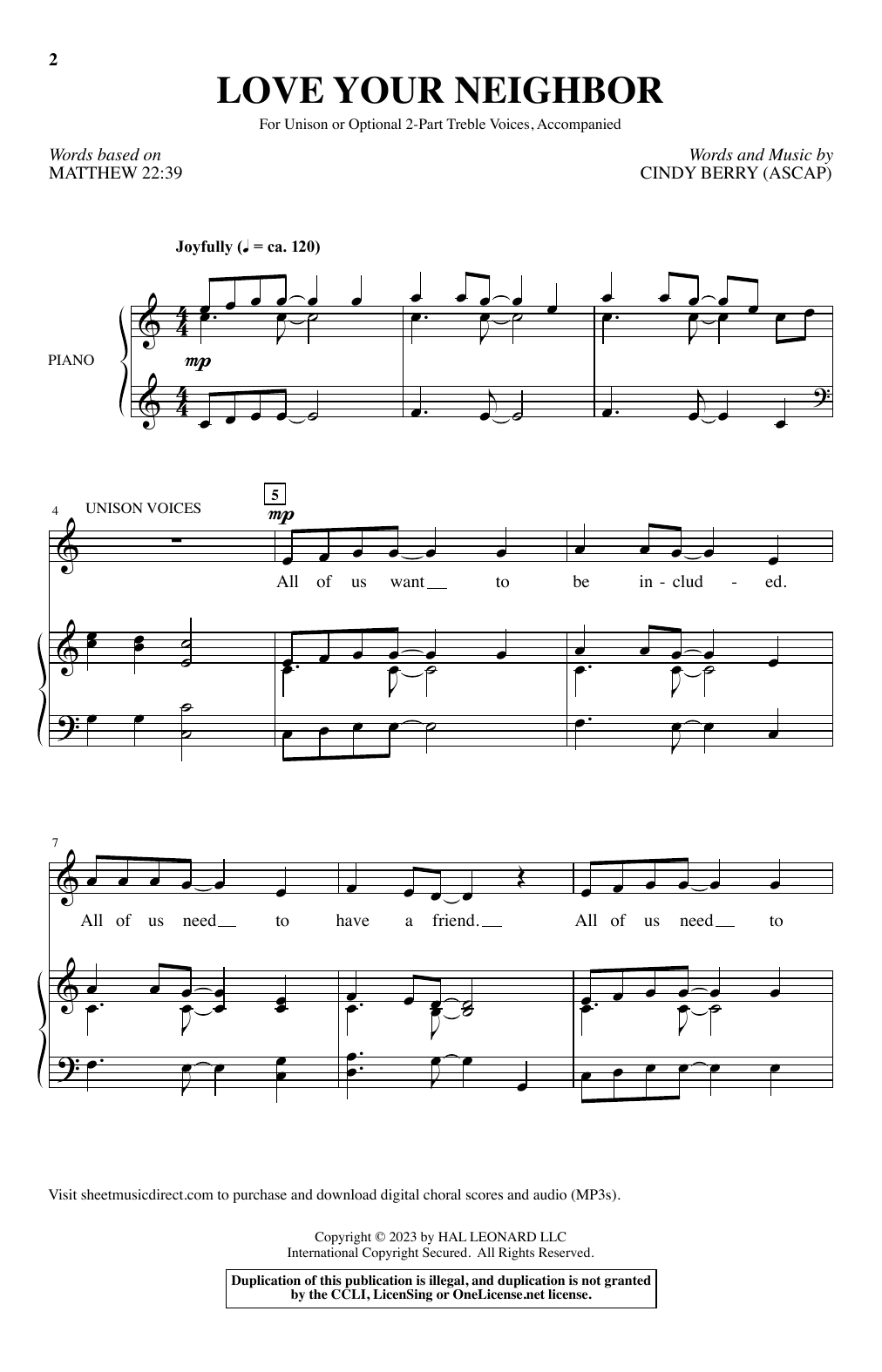 Cindy Berry Love Your Neighbor sheet music notes and chords arranged for Choir