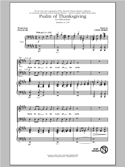 Cindy Berry Psalm Of Thanksgiving sheet music notes and chords arranged for SATB Choir