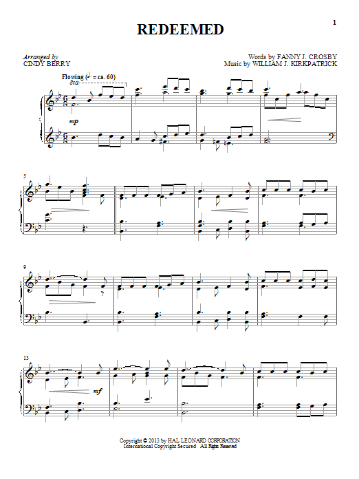 Cindy Berry Redeemed sheet music notes and chords arranged for Piano Solo