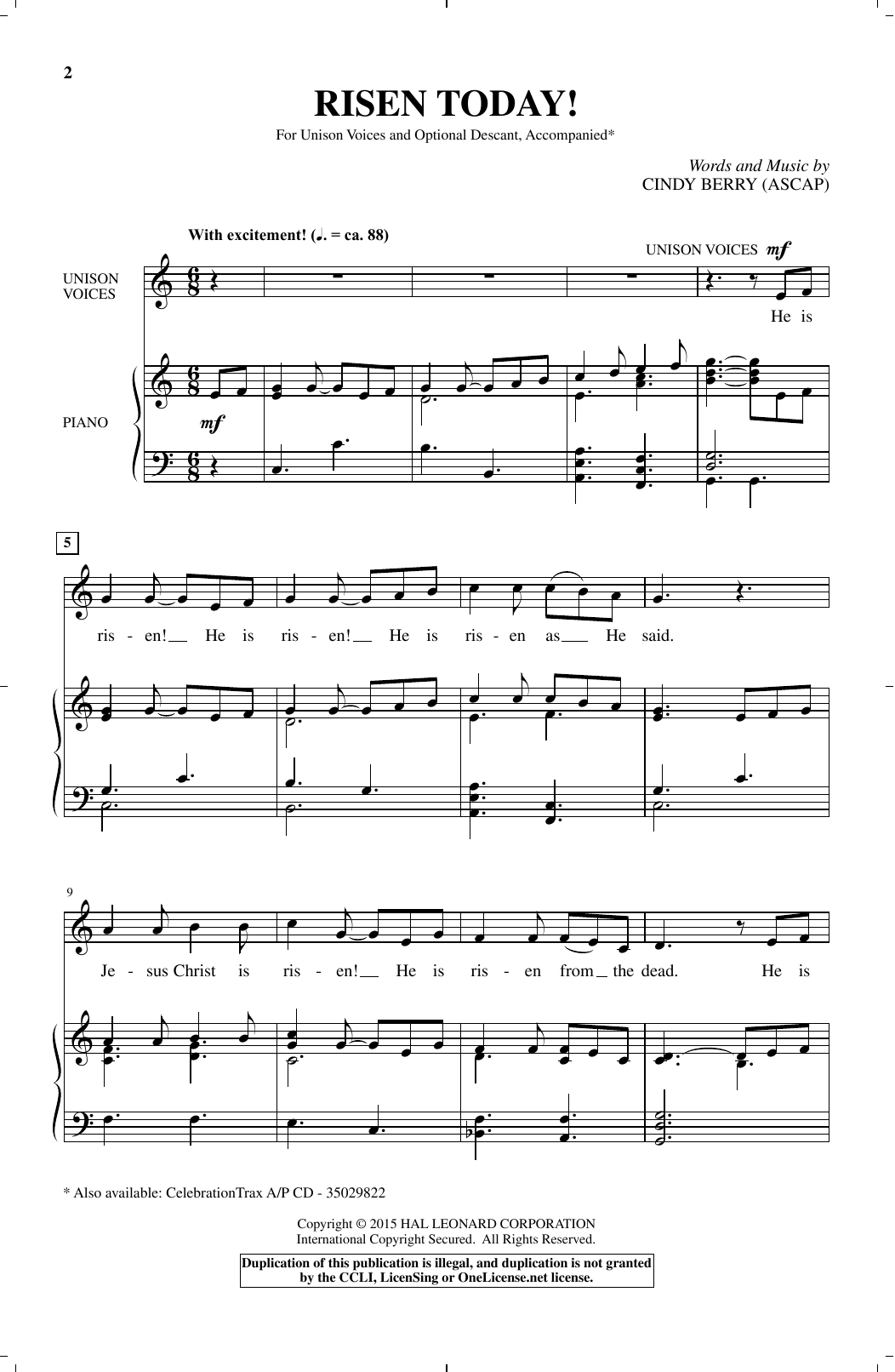 Cindy Berry Risen Today! sheet music notes and chords arranged for Unison Choir