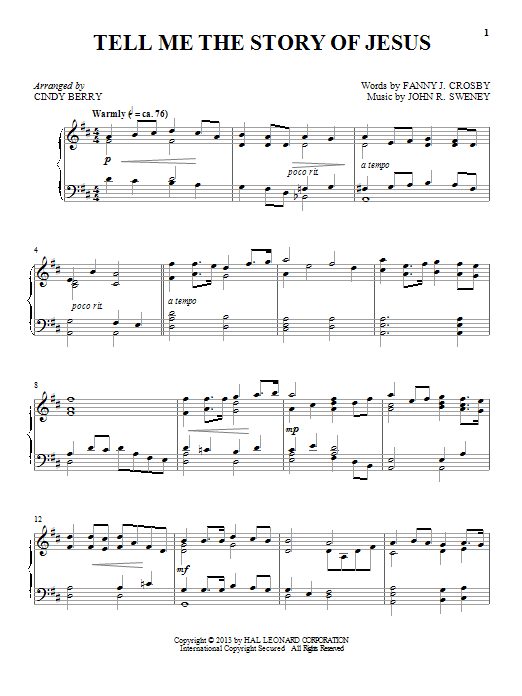 Cindy Berry Tell Me The Story Of Jesus sheet music notes and chords arranged for Piano Solo