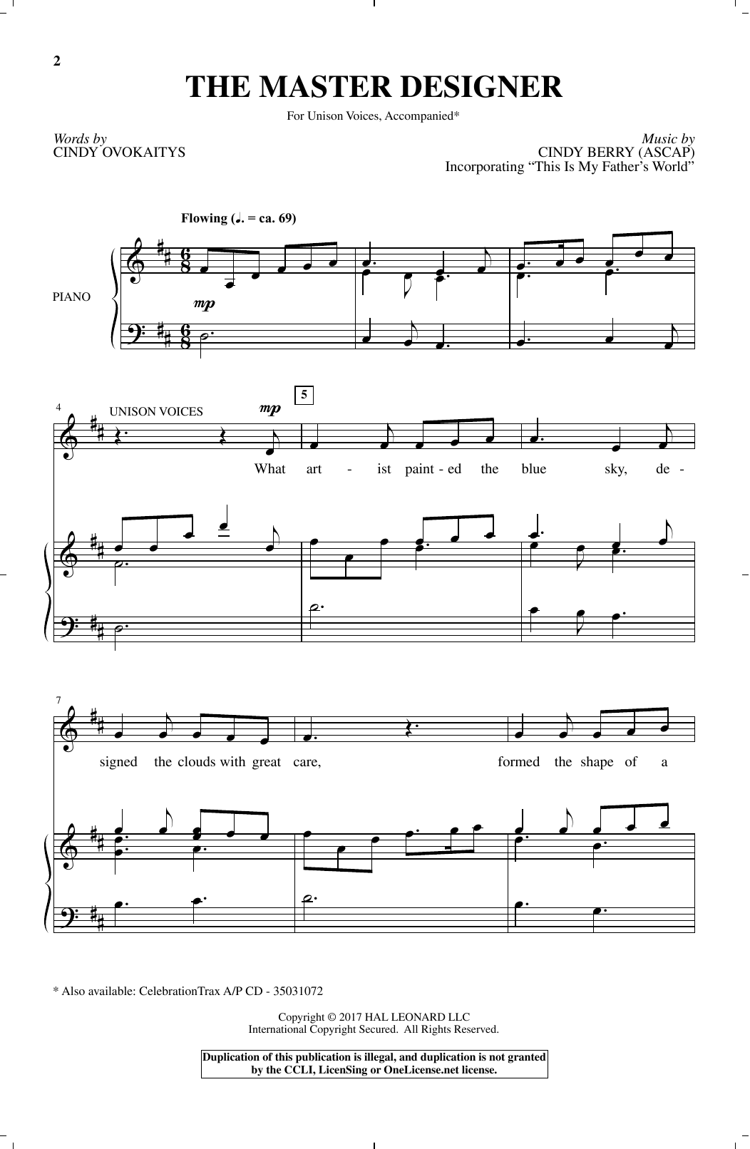Cindy Berry The Master Designer sheet music notes and chords arranged for Unison Choir