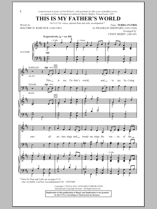 Cindy Berry This Is My Father's World sheet music notes and chords arranged for SATB Choir