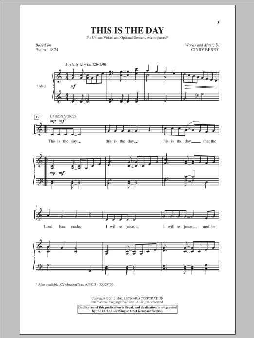 Cindy Berry This Is The Day sheet music notes and chords arranged for Unison Choir