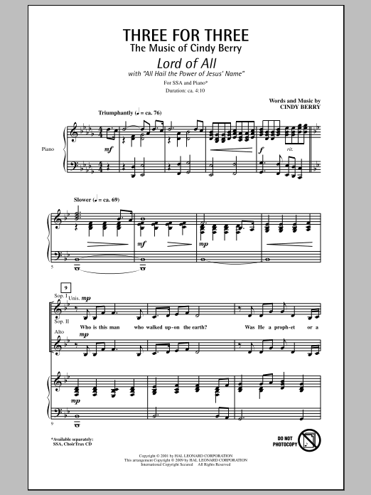 Cindy Berry Three For Three - Three Songs For Three Parts - Volume 1 sheet music notes and chords arranged for SSA Choir