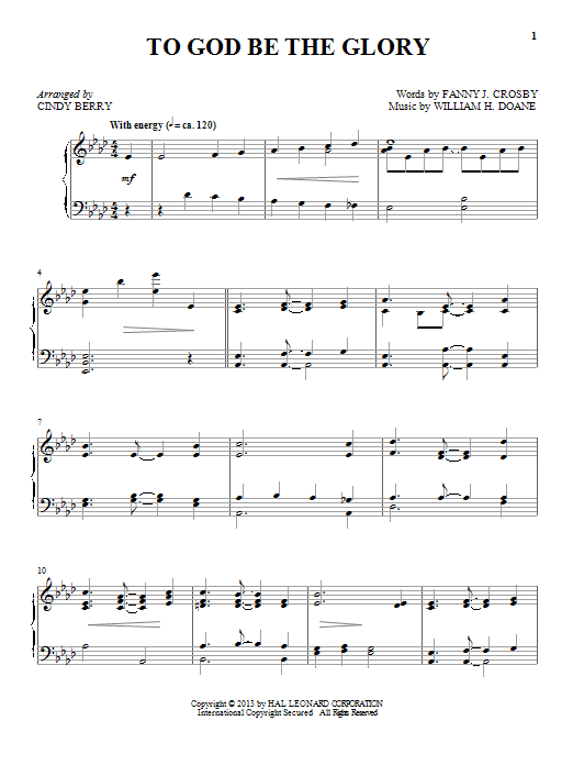 Cindy Berry To God Be The Glory sheet music notes and chords arranged for Piano Solo