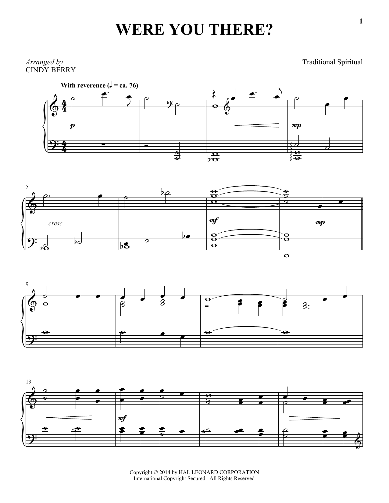 Cindy Berry Were You There? sheet music notes and chords arranged for Piano Solo