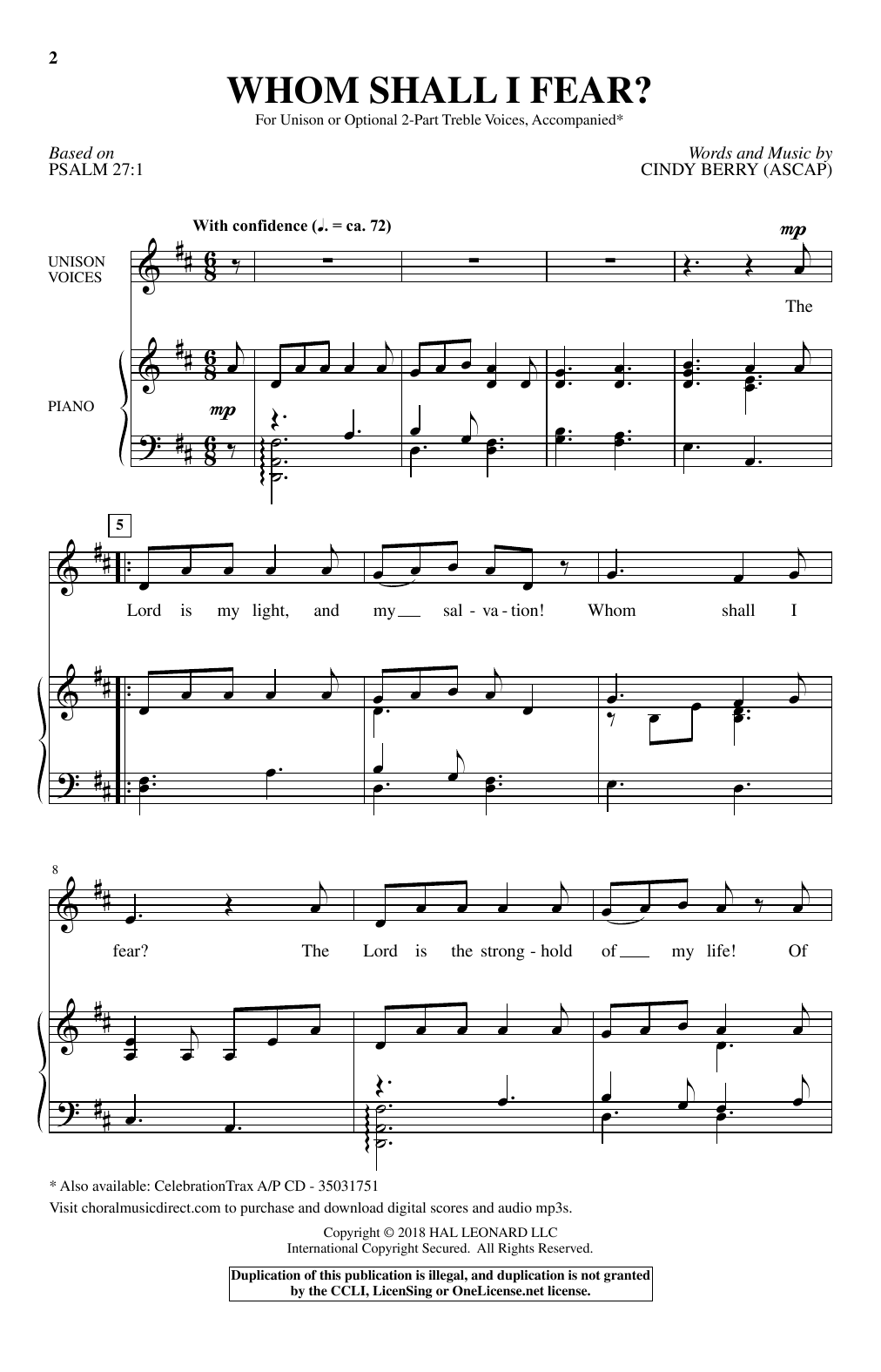 Cindy Berry Whom Shall I Fear? sheet music notes and chords arranged for 2-Part Choir