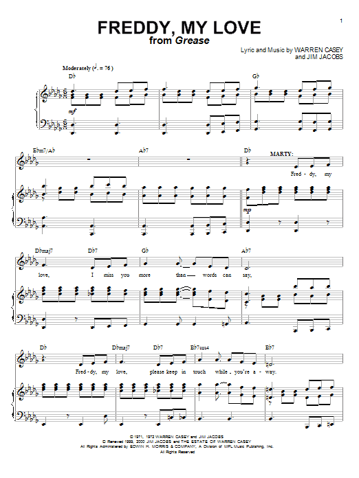 Cindy Bullens Freddy, My Love (from Grease) sheet music notes and chords arranged for Piano & Vocal