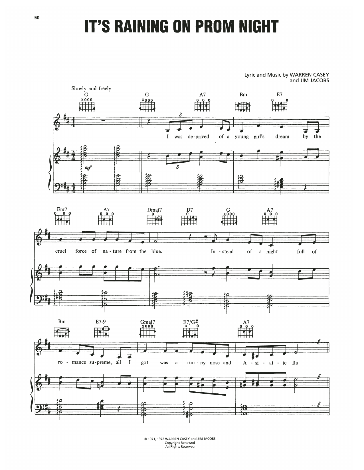 Cindy Bullens It's Raining On Prom Night (from Grease) sheet music notes and chords arranged for Piano, Vocal & Guitar Chords (Right-Hand Melody)