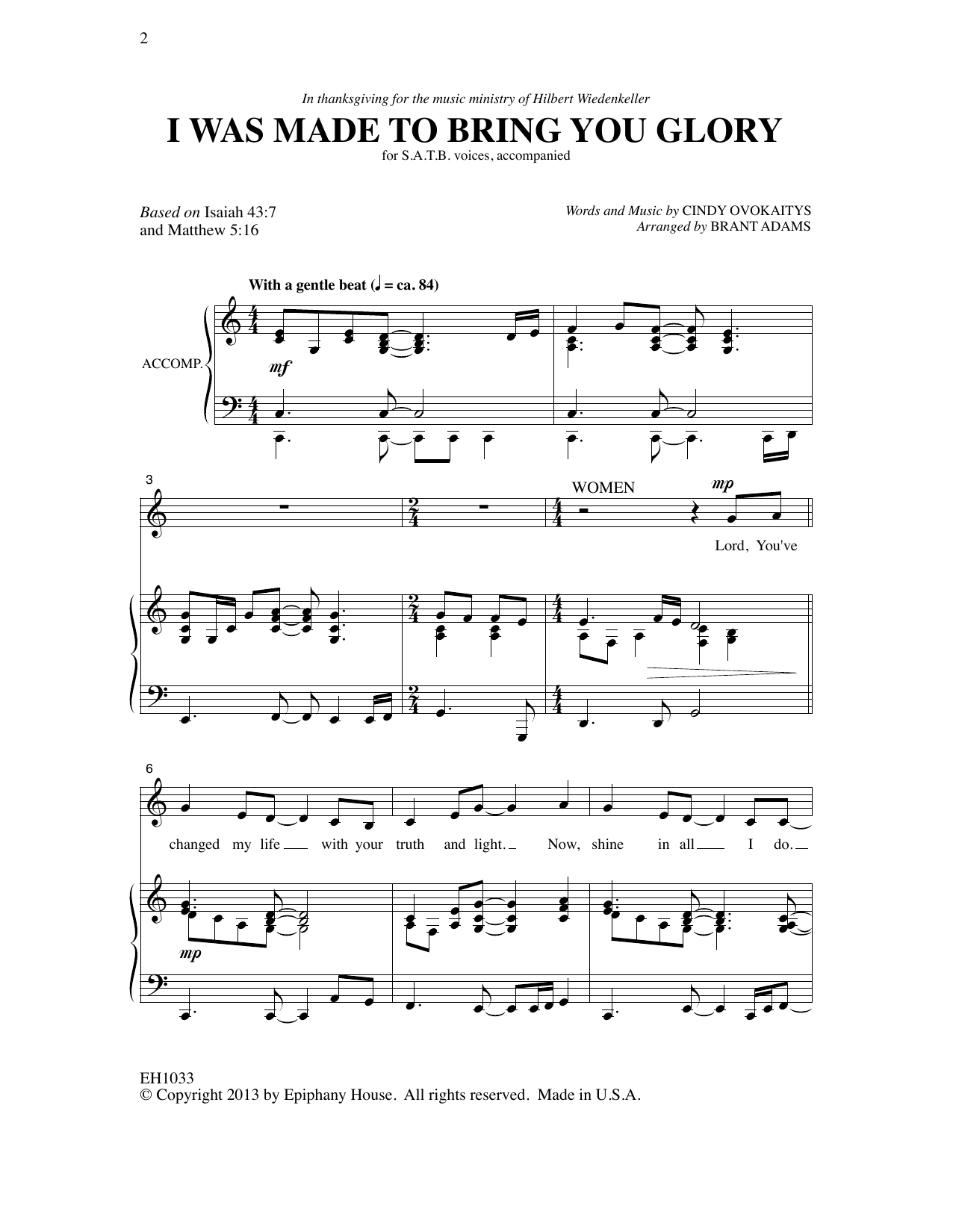 Cindy Ovokaitys I Was Made To Bring You Glory (arr. Brant Adams) sheet music notes and chords arranged for SATB Choir