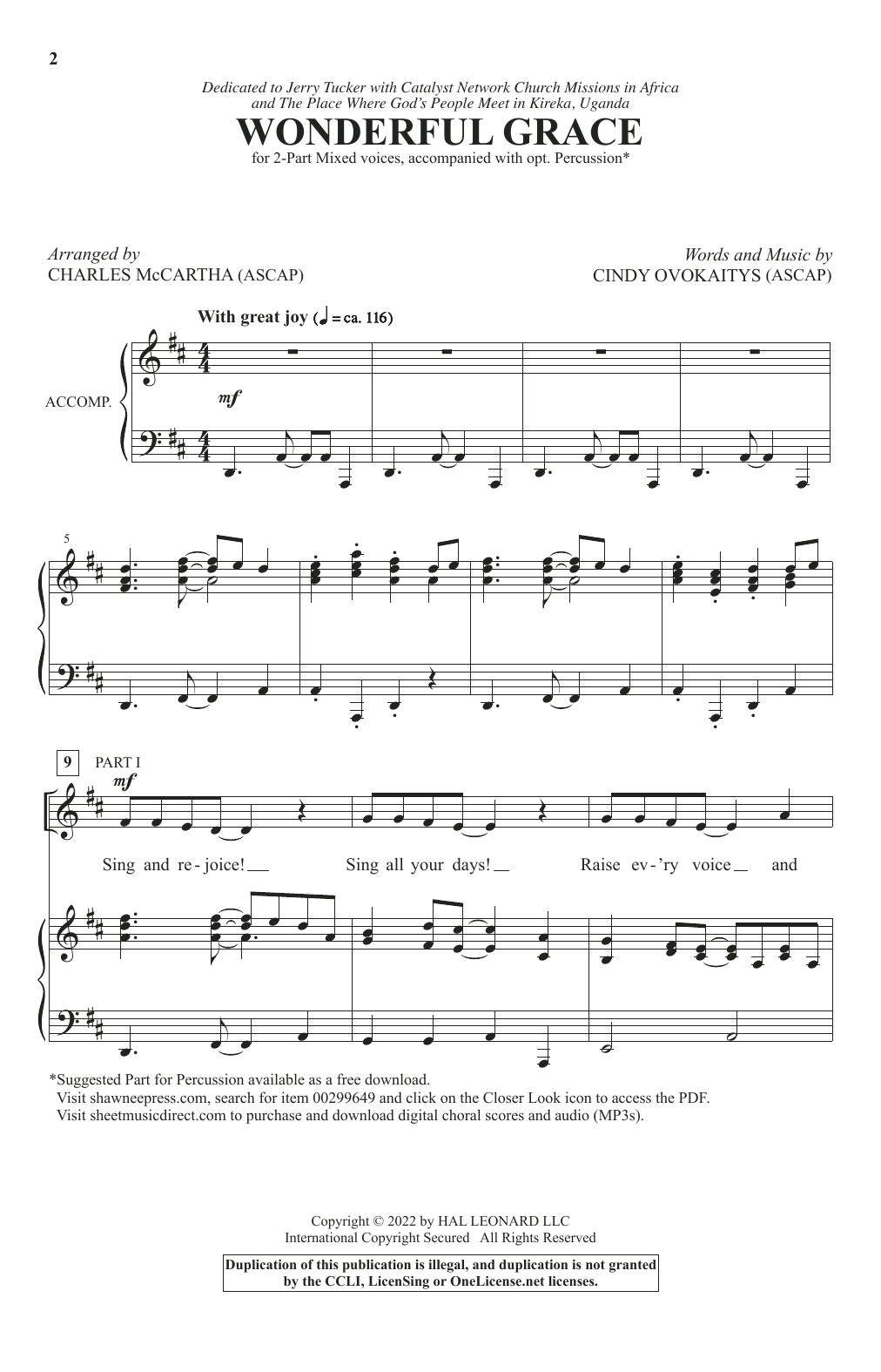 Cindy Ovokaitys Wonderful Grace (arr. Charles McCartha) sheet music notes and chords arranged for 2-Part Choir