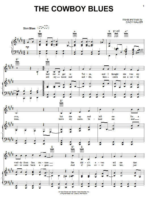 Cindy Walker The Cowboy Blues sheet music notes and chords arranged for Piano, Vocal & Guitar Chords (Right-Hand Melody)
