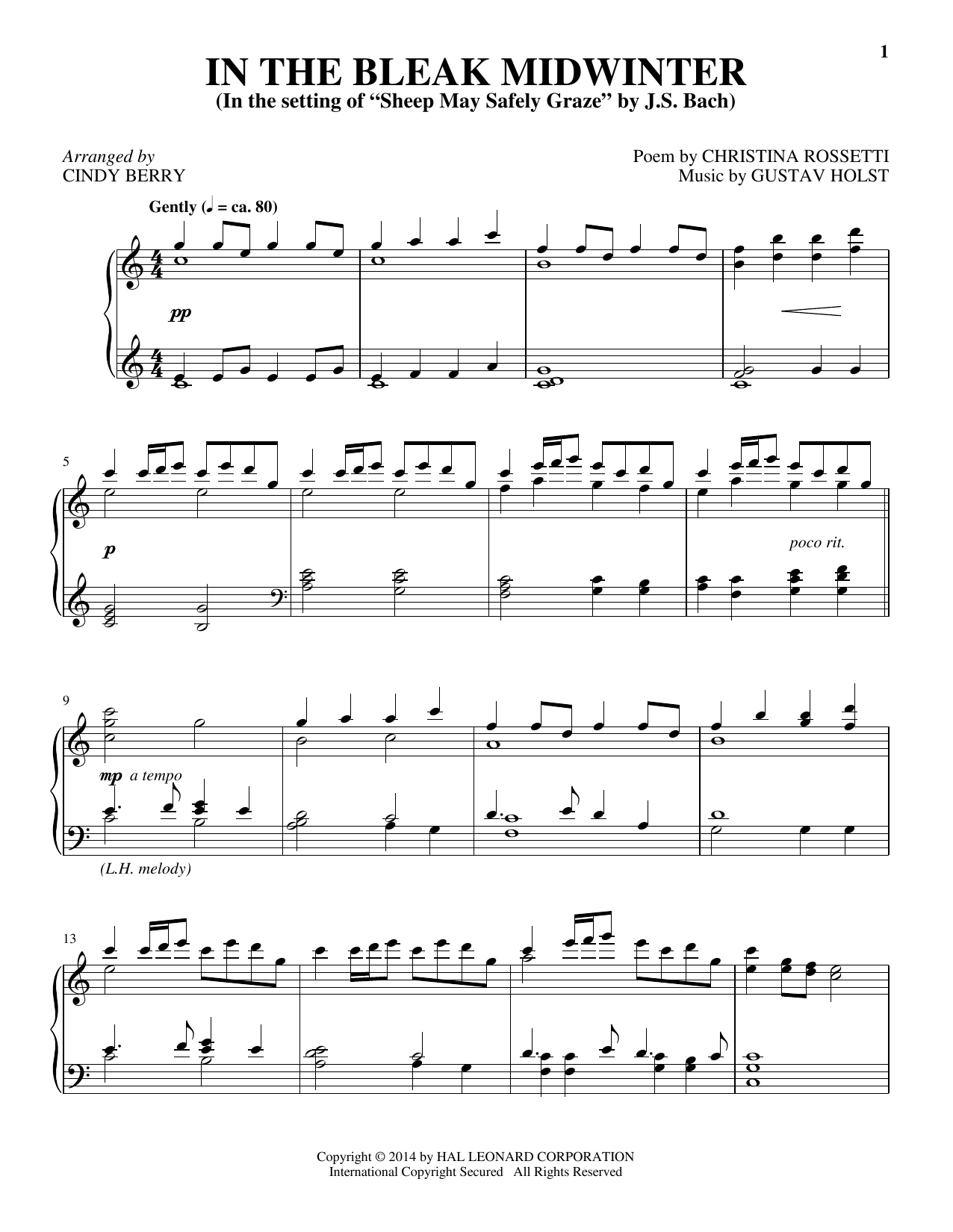 Cindy Berry In The Bleak Midwinter sheet music notes and chords arranged for Piano Solo