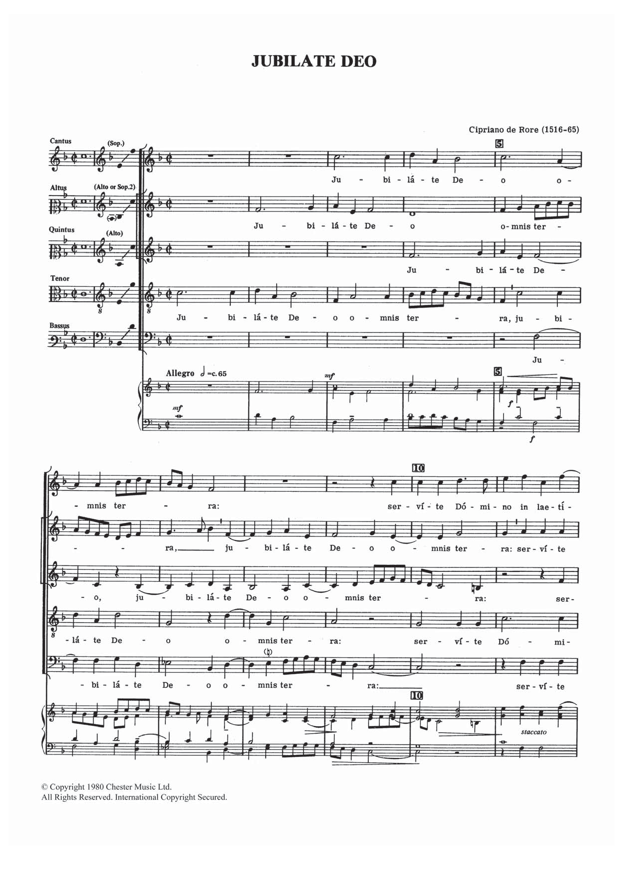 Cipriano de Rore Jubilate Deo sheet music notes and chords arranged for Piano, Vocal & Guitar Chords