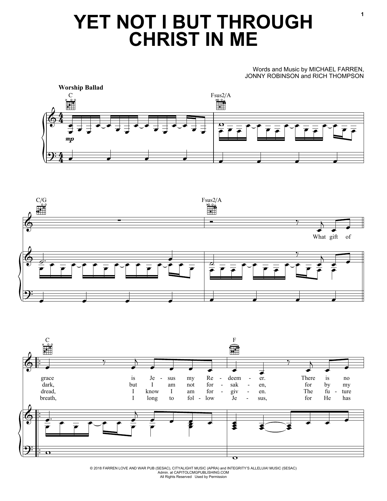 CityAlight Yet Not I But Through Christ In Me sheet music notes and chords arranged for Lead Sheet / Fake Book