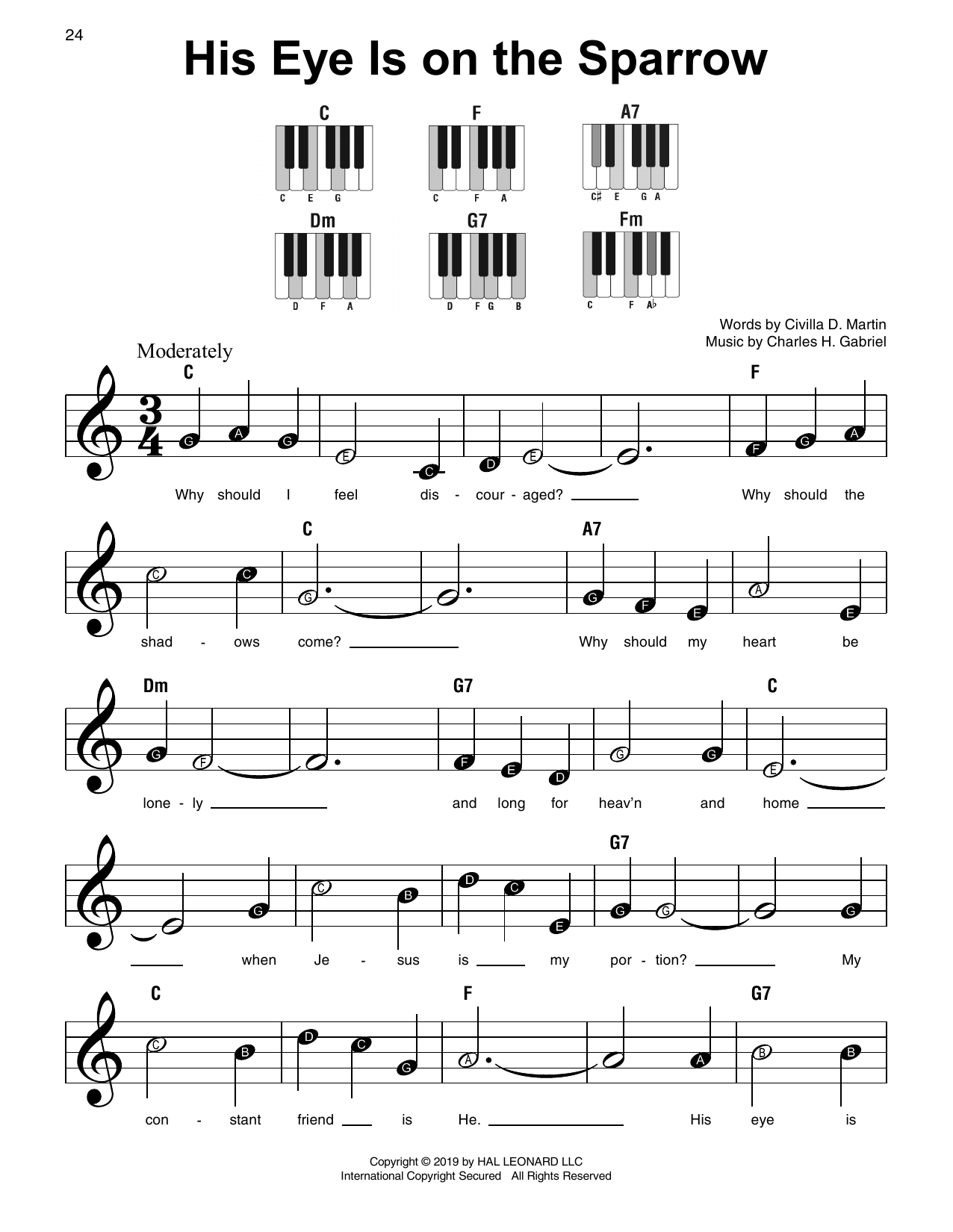 Civilla D. Martin His Eye Is On The Sparrow sheet music notes and chords arranged for Super Easy Piano