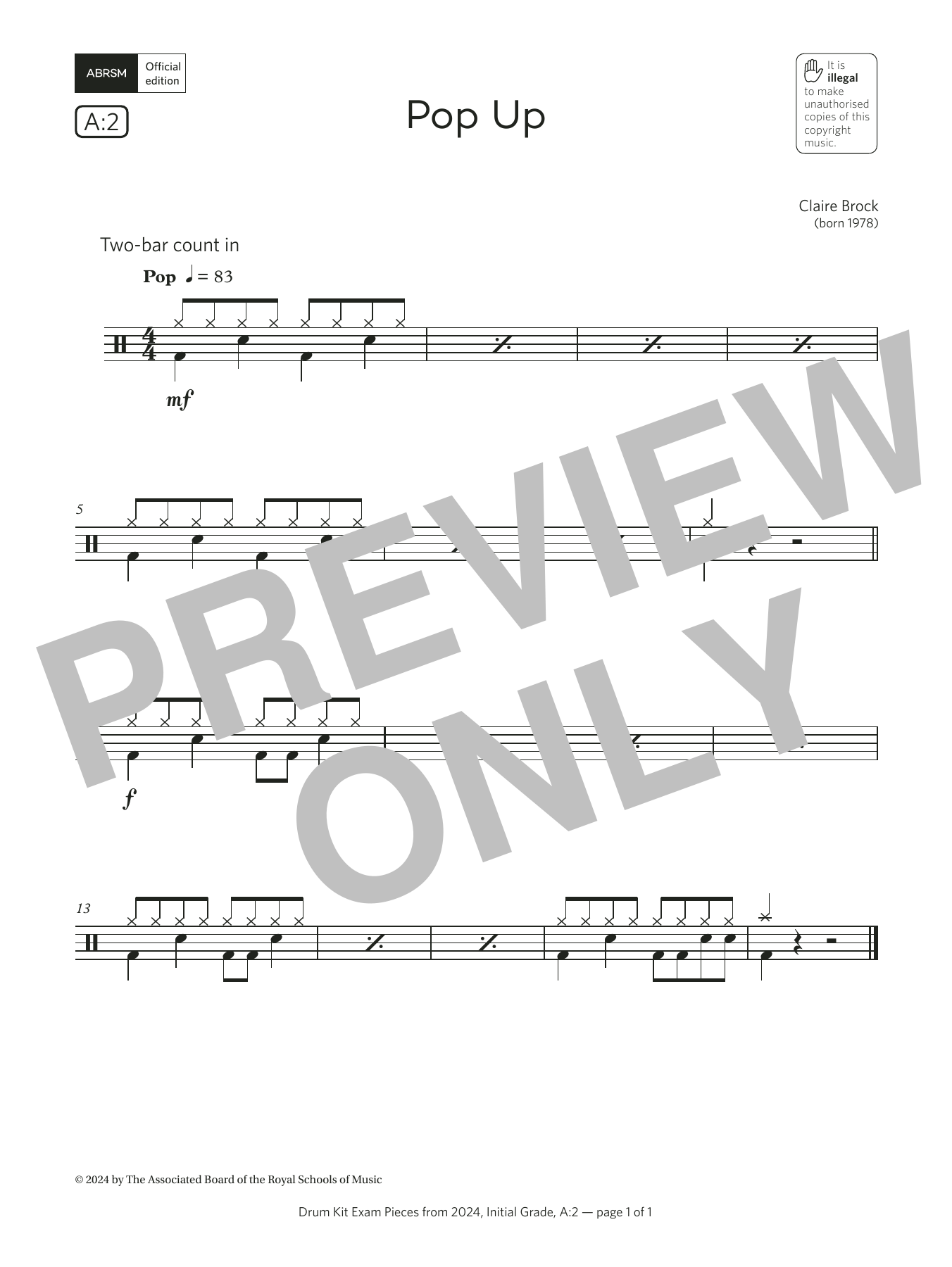 Claire Brock Pop Up (Grade Initial, list A2, from the ABRSM Drum Kit Syllabus 2024) sheet music notes and chords arranged for Drums