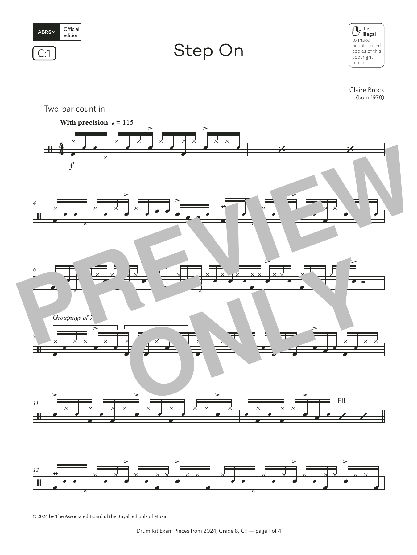 Claire Brock Step On (Grade 8, list C1, from the ABRSM Drum Kit Syllabus 2024) sheet music notes and chords arranged for Drums