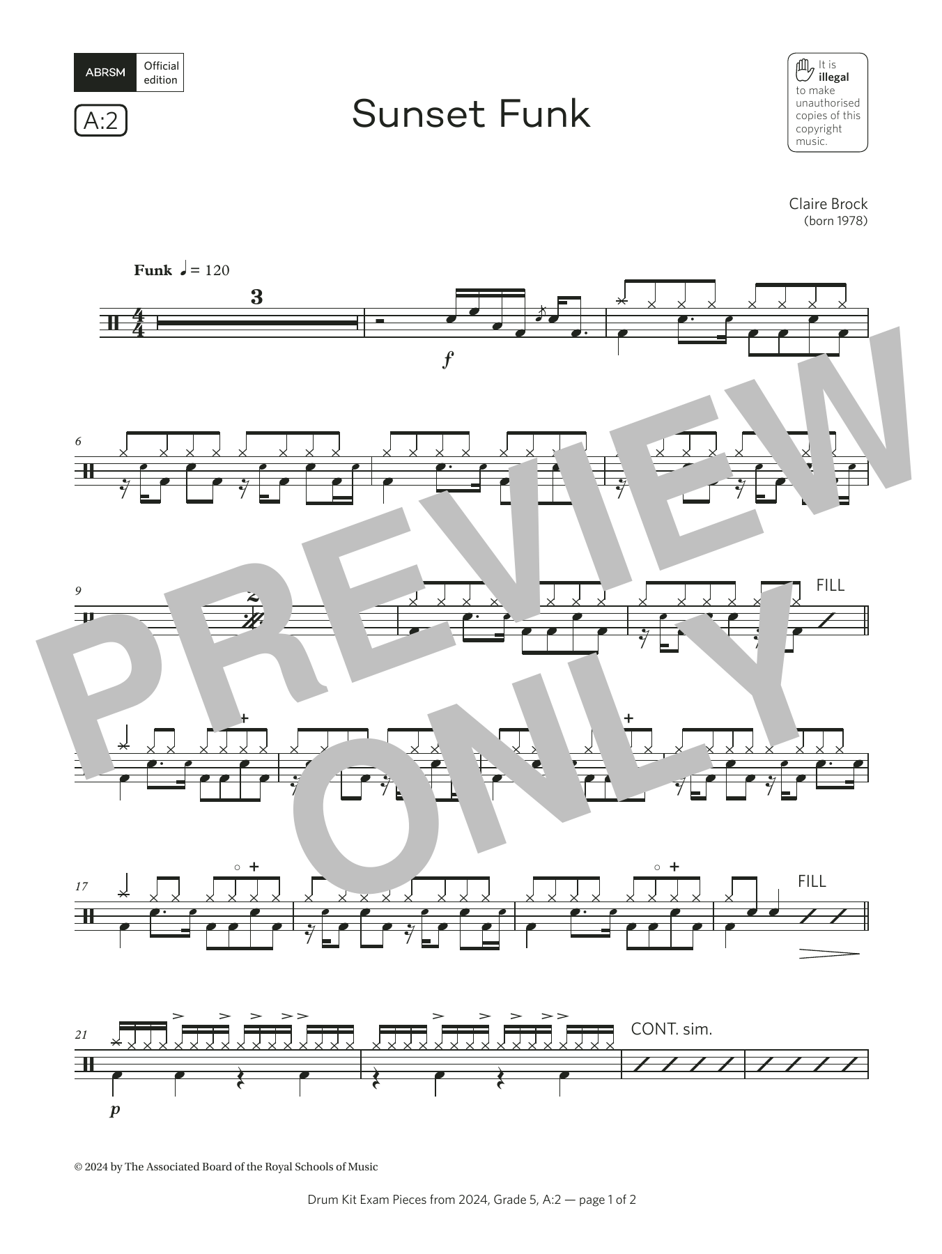 Claire Brock Sunset Funk (Grade 5, list A2, from the ABRSM Drum Kit Syllabus 2024) sheet music notes and chords arranged for Drums