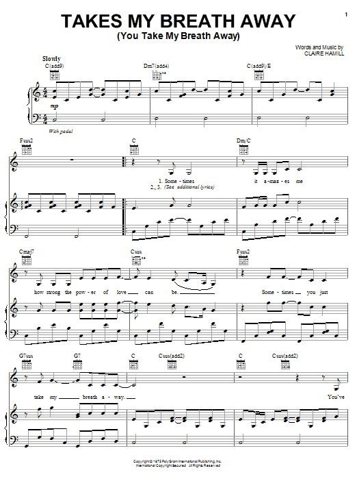 Claire Hamill Takes My Breath Away (You Take My Breath Away) sheet music notes and chords arranged for Piano, Vocal & Guitar Chords (Right-Hand Melody)