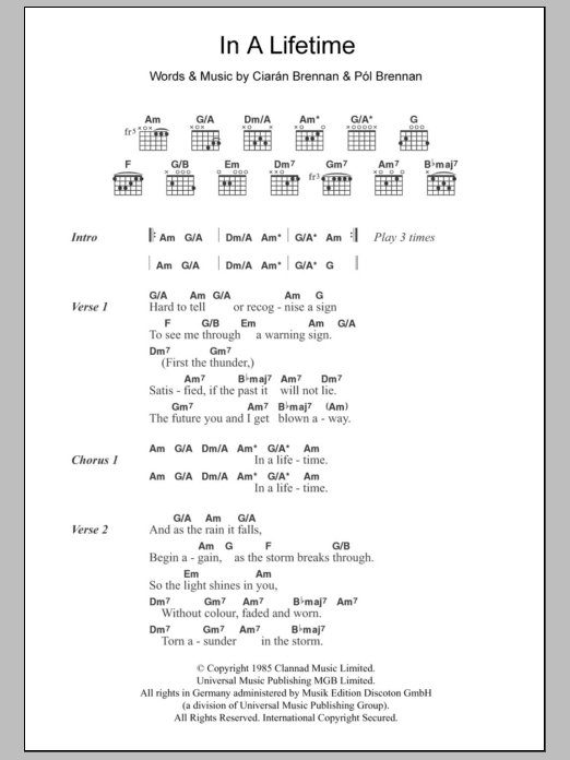Clannad In A Lifetime sheet music notes and chords arranged for Guitar Chords/Lyrics