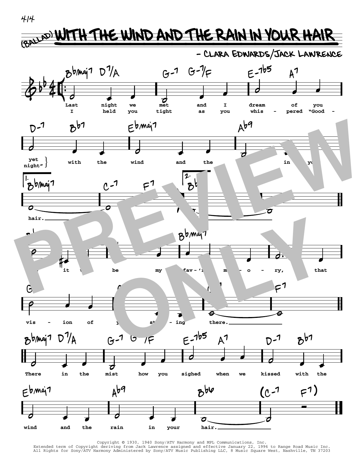 Clara Edwards With The Wind And The Rain In Your Hair (Low Voice) sheet music notes and chords arranged for Real Book – Melody, Lyrics & Chords